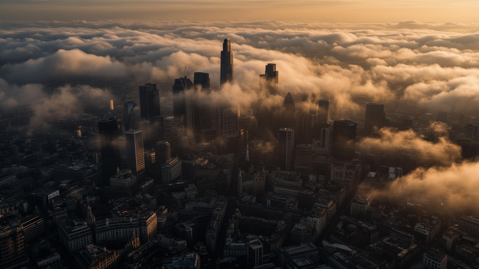 London skyline through clouds at sunrise